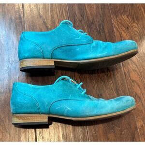 John Fluevog Turquoise Leather Derby Shoes Mens 9.5 Suede Leather Radio Oxfords